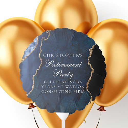 Elegant Navy Blue Gold Agate Retirement Party Balloon