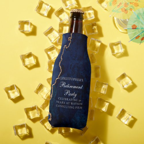 Elegant Navy Blue Gold Agate Retirement Party Bottle Cooler