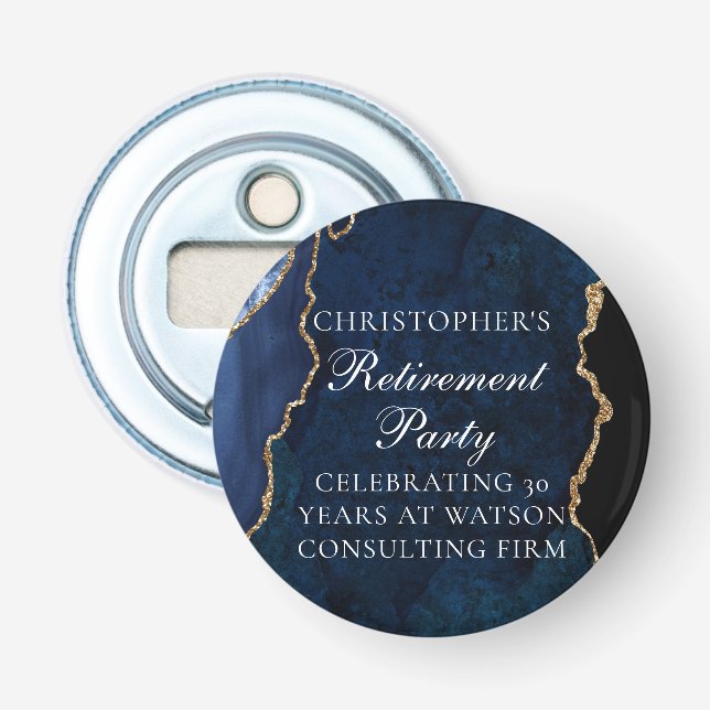 Elegant Navy Blue Gold Agate Retirement Party Bottle Opener (Front)