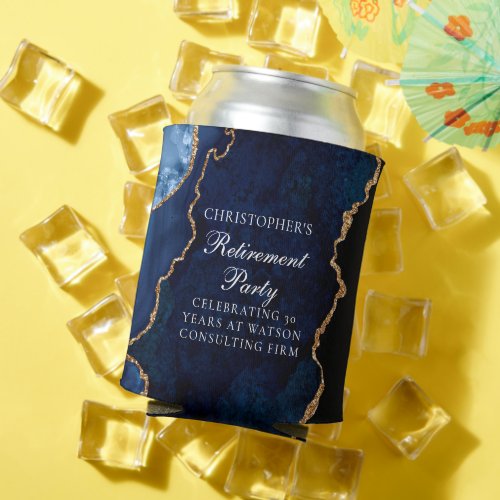 Elegant Navy Blue Gold Agate Retirement Party Can Cooler