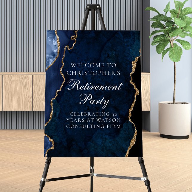 Elegant Navy Blue Gold Agate Retirement Party Foam Board (Creator Uploaded)