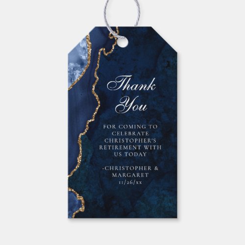 Elegant Navy Blue Gold Agate Retirement Party Gift Tags