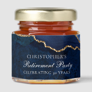 Elegant Navy Blue Gold Agate Retirement Party Honey Jar Favors