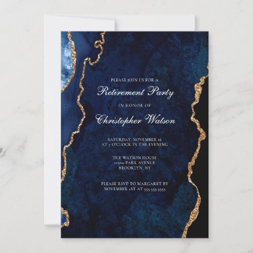 Elegant Navy Blue Gold Agate Retirement Party Invitation