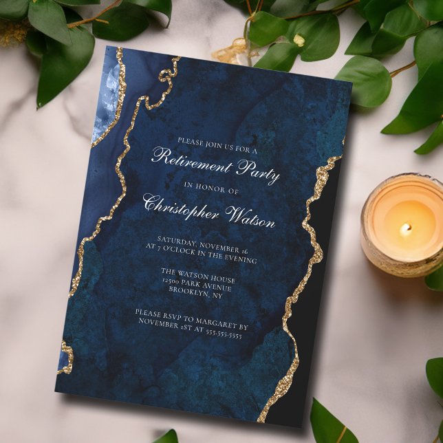 Elegant Navy Blue Gold Agate Retirement Party Invitation (Creator Uploaded)