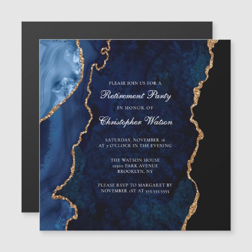 Elegant Navy Blue Gold Agate Retirement Party Magnetic Invitation