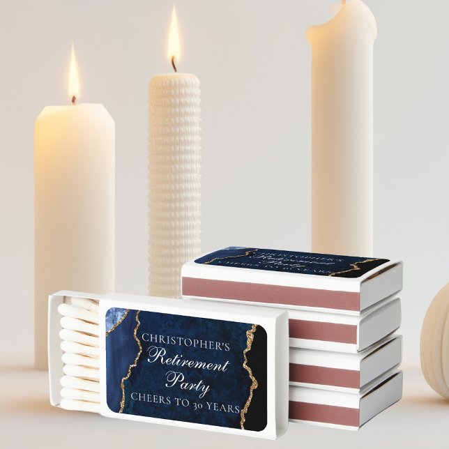 Elegant Navy Blue Gold Agate Retirement Party Matchboxes (Creator Uploaded)