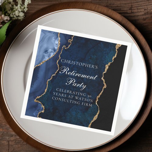 Elegant Navy Blue Gold Agate Retirement Party Napkins