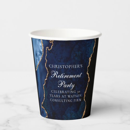 Elegant Navy Blue Gold Agate Retirement Party Paper Cups