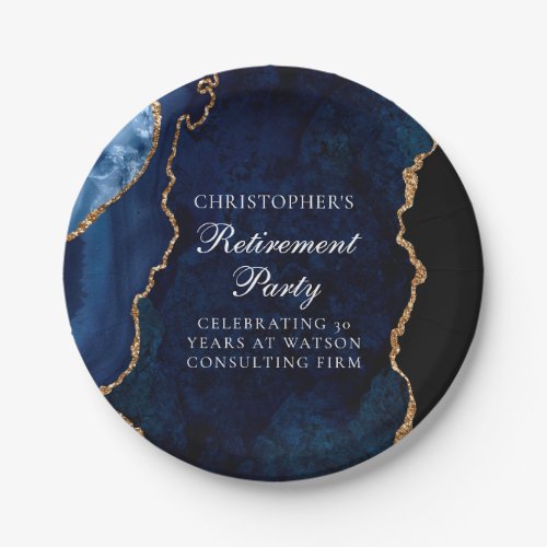 Elegant Navy Blue Gold Agate Retirement Party Paper Plates