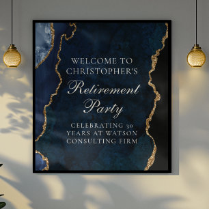 Elegant Navy Blue Gold Agate Retirement Party Poster