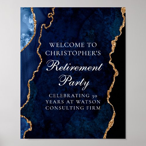 Elegant Navy Blue Gold Agate Retirement Party Poster