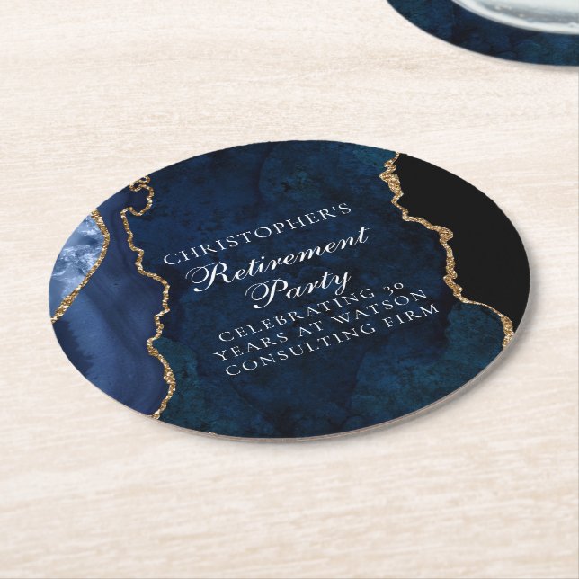 Elegant Navy Blue Gold Agate Retirement Party Round Paper Coaster (Angled)