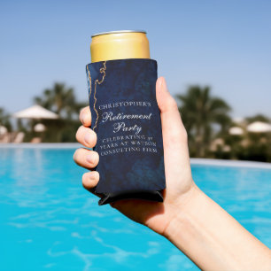 Elegant Navy Blue Gold Agate Retirement Party Seltzer Can Cooler