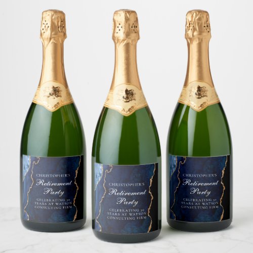 Elegant Navy Blue Gold Agate Retirement Party Sparkling Wine Label