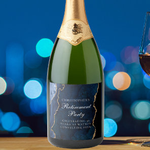 Elegant Navy Blue Gold Agate Retirement Party Sparkling Wine Label