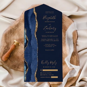 Elegant Navy Blue Gold Agate Wedding All In One Invitation
