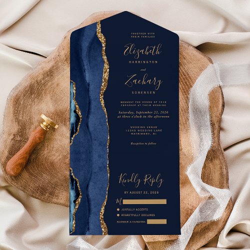 Elegant Navy Blue Gold Agate Wedding All In One Invitation