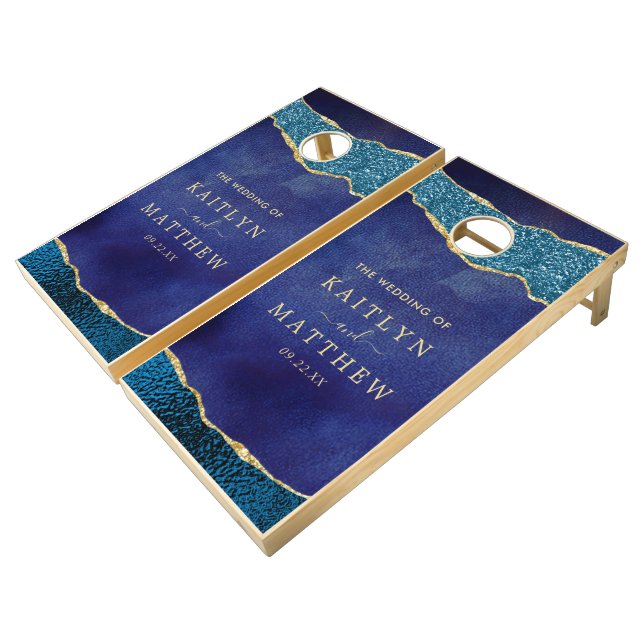 Elegant Navy Blue & Gold Agate Wedding Cornhole Set (Angled)