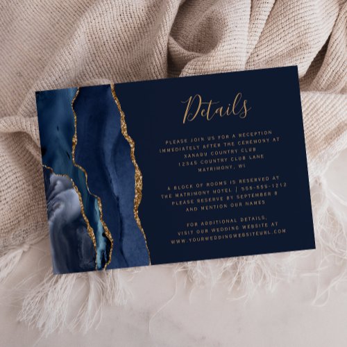 Elegant Navy Blue Gold Agate Wedding Details Enclosure Card