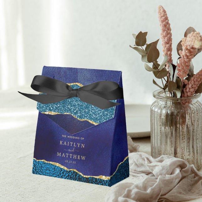 Elegant Navy Blue & Gold Agate Wedding Favor Boxes (Creator Uploaded)