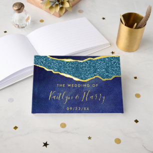 Elegant Navy Blue & Gold Agate Wedding Foil Guest Book