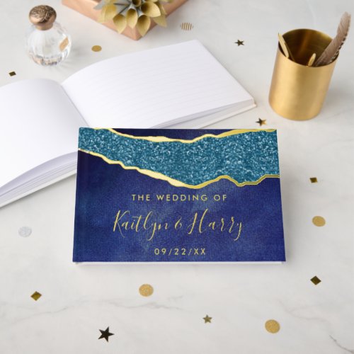 Elegant Navy Blue  Gold Agate Wedding Foil Guest Book