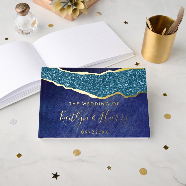 Elegant Navy Blue & Gold Agate Wedding Foil Guest Book (Front Open)