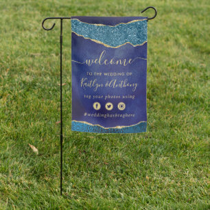 Elegant Navy Blue & Gold Agate Wedding Garden Flag