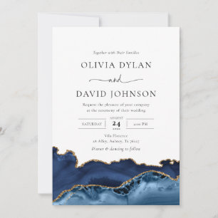 Elegant Navy Blue Gold Agate Wedding Invitation