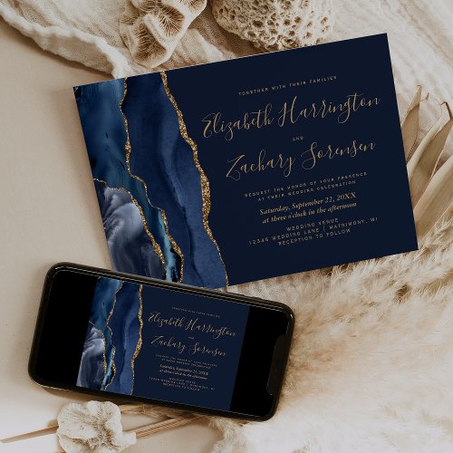 Elegant Navy Blue Gold Agate Wedding Invitation