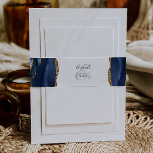 Elegant Navy Blue Gold Agate Wedding Invitation Belly Band