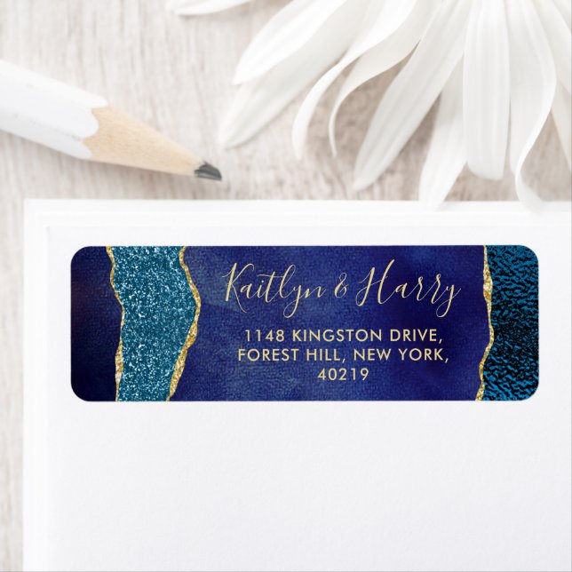 Elegant Navy Blue & Gold Agate Wedding Label (Insitu)