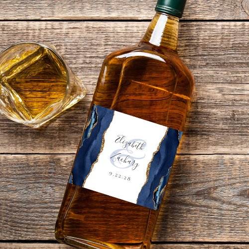 Elegant Navy Blue Gold Agate Wedding Liquor Bottle Label