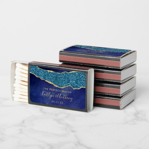 Elegant Navy Blue  Gold Agate Wedding Matchboxes