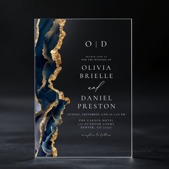 Elegant Navy Blue Gold Agate Wedding Monogram Acrylic Invitations (Creator Uploaded)
