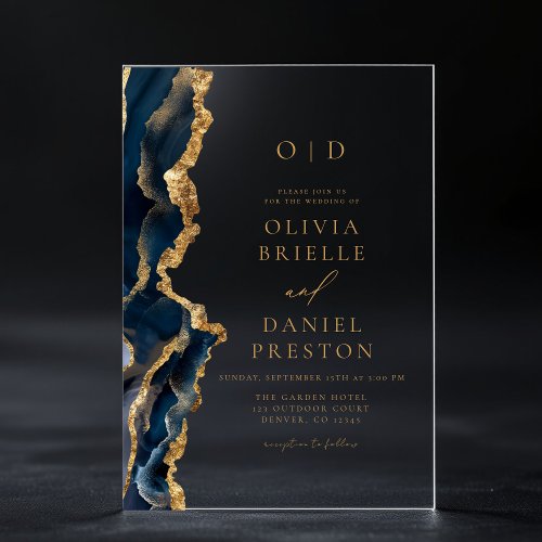 Elegant Navy Blue Gold Agate Wedding Monogram Acrylic Invitations
