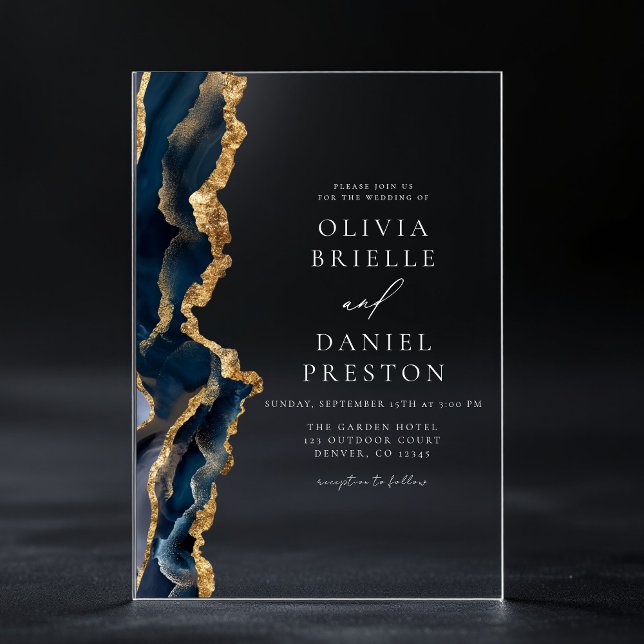 Elegant Navy Blue Gold Agate Wedding Monogram Acrylic Invitations (Creator Uploaded)