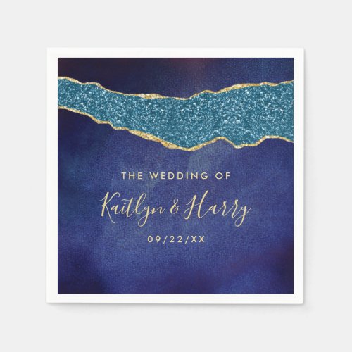 Elegant Navy Blue  Gold Agate Wedding Napkins