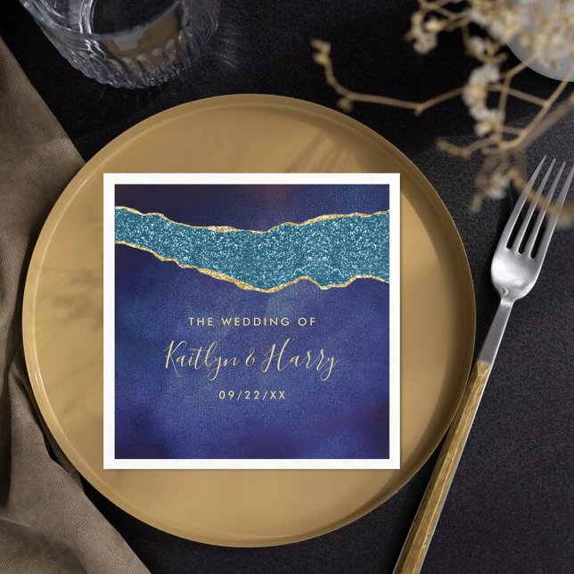 Elegant Navy Blue & Gold Agate Wedding Napkins (Creator Uploaded)