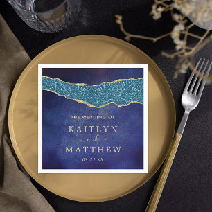 Elegant Navy Blue & Gold Agate Wedding Napkins