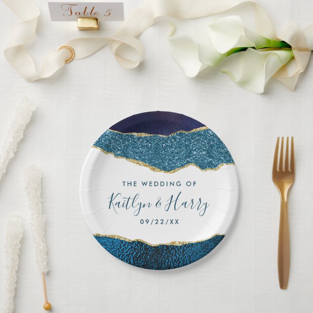 Elegant Navy Blue & Gold Agate Wedding Paper Plates (Wedding)