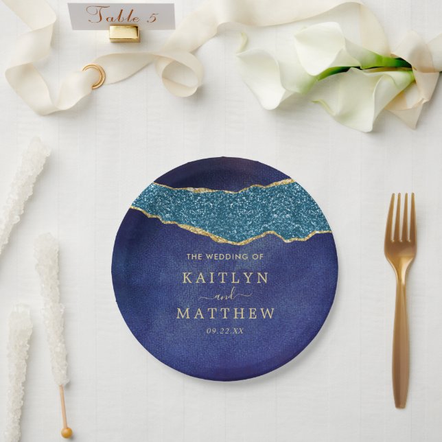 Elegant Navy Blue & Gold Agate Wedding Paper Plates (Wedding)
