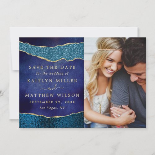 Elegant Navy Blue  Gold Agate Wedding Photo Save The Date