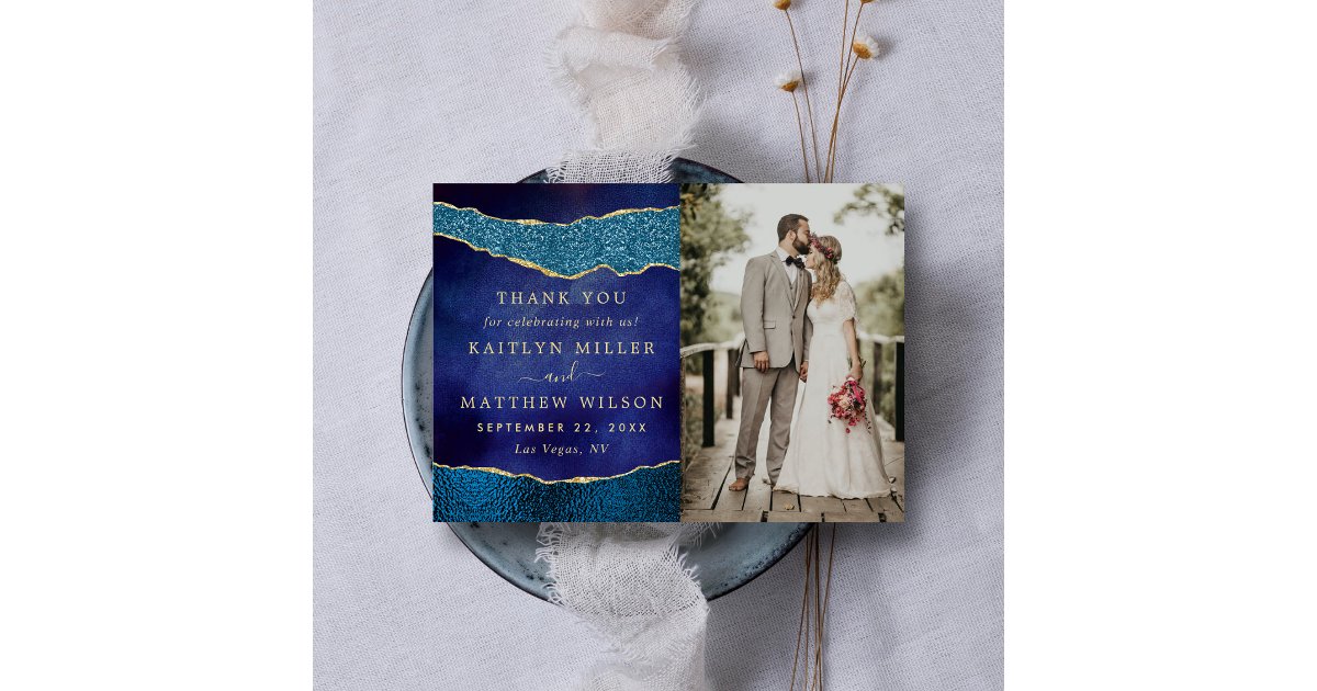 Elegant Navy Blue & Gold Agate Wedding Photo Thank You Card | Zazzle