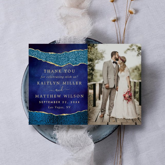 Elegant Navy Blue & Gold Agate Wedding Photo Thank You Card (Creator Uploaded)