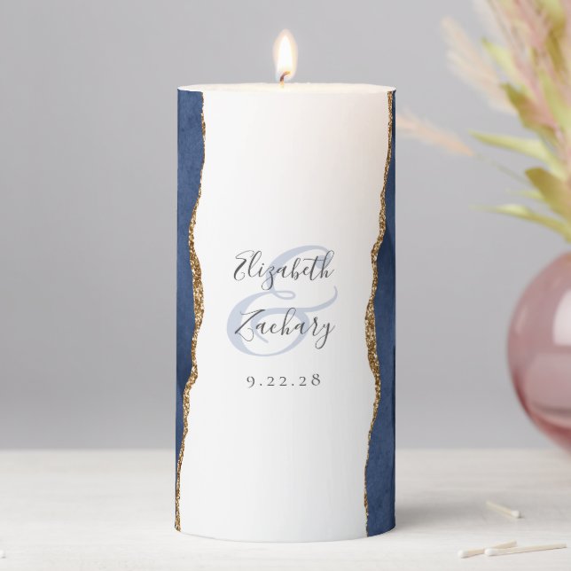 Elegant Navy Blue Gold Agate Wedding Pillar Candle (In Situ)