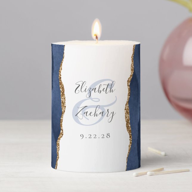 Elegant Navy Blue Gold Agate Wedding Pillar Candle (In Situ)