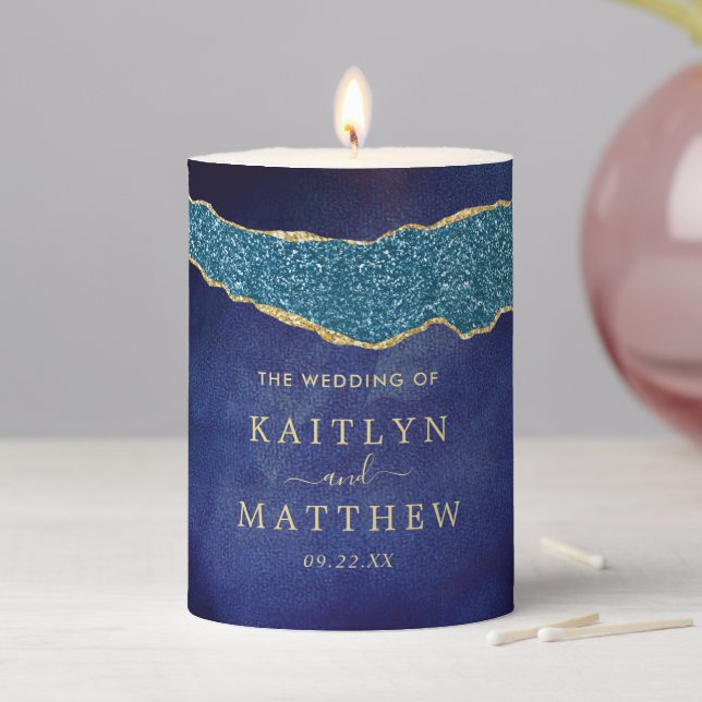 Elegant Navy Blue & Gold Agate Wedding Pillar Candle (In Situ)