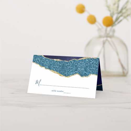 Elegant Navy Blue  Gold Agate Wedding Place Card